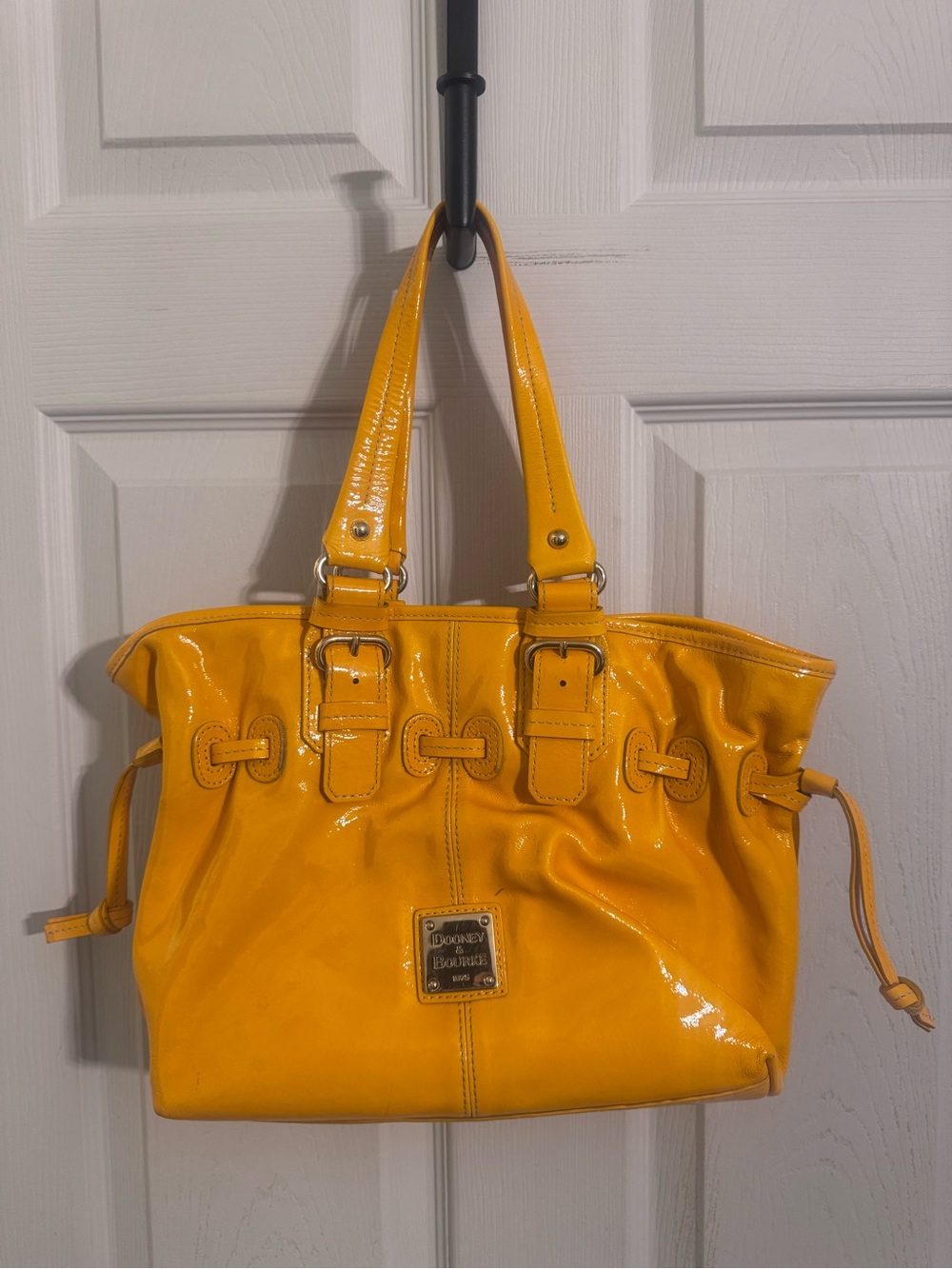 Y2K Dooney & Bourke Medium Chiara Drawstring Satchel in Yellow Patent Leather